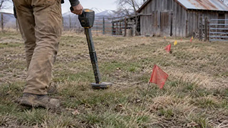 Tech tracing a buried line to a barn during leak detection Benjamin UT visit