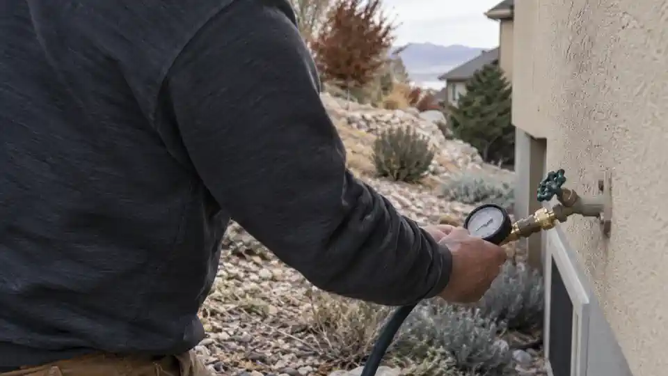 Tech testing water pressure on a sloped lot during leak detection East Bench Spanish Fork visit