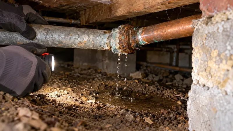 Corroded crawlspace pipe transition before repair