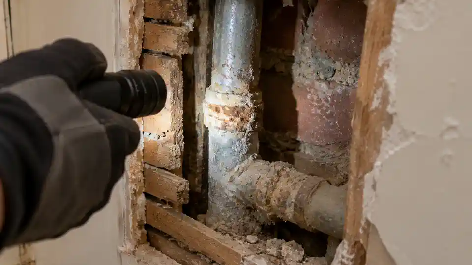 Rusted galvanized pipe in an older brick home during leak detection downtown Spanish Fork visit