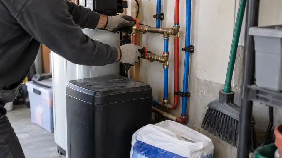 Tech checking a softener loop during leak detection Legacy Farms Spanish Fork visit