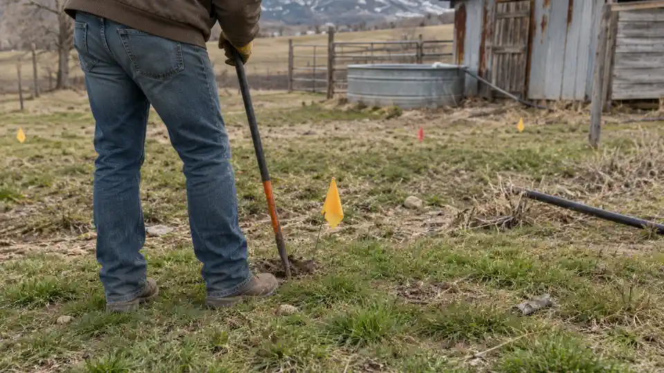 Tech marking a dig spot on acreage during leak detection Palmyra UT visit