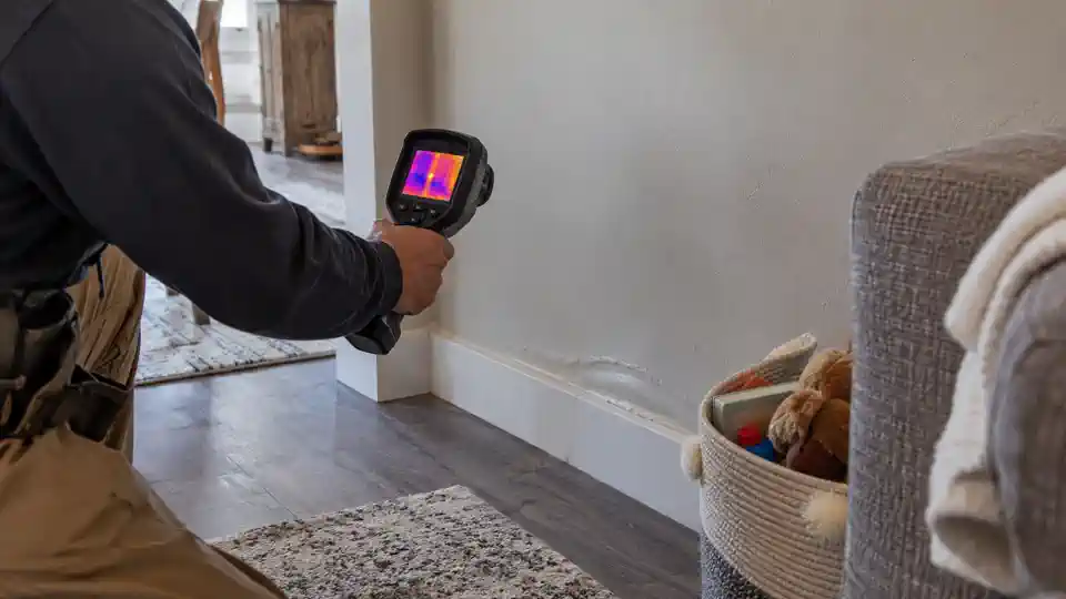 Tech scanning a shared townhome wall during leak detection Sage Meadows Spanish Fork visit