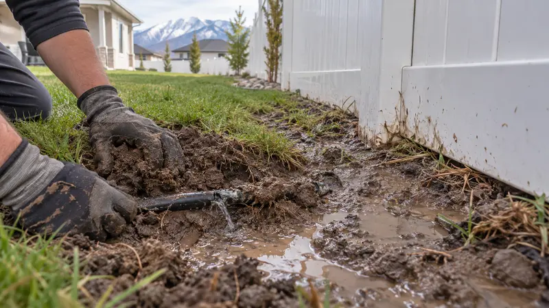 Muddy shallow irrigation line before leak repair