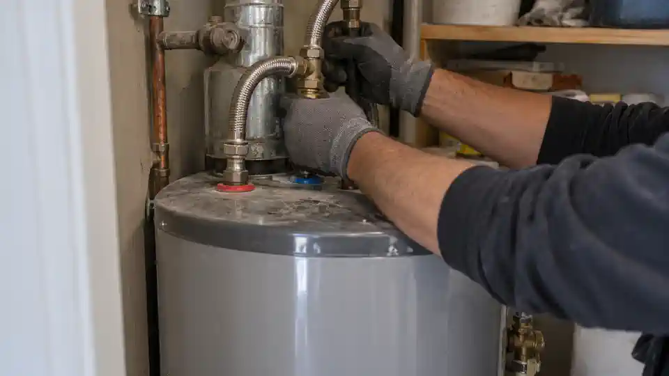 Tech checking a new home's water heater fittings during leak detection Santaquin UT visit