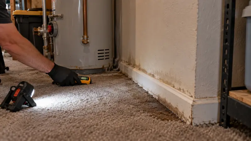 Damp basement carpet before leak detection