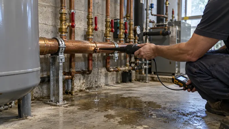 Wet mechanical room before commercial leak detection