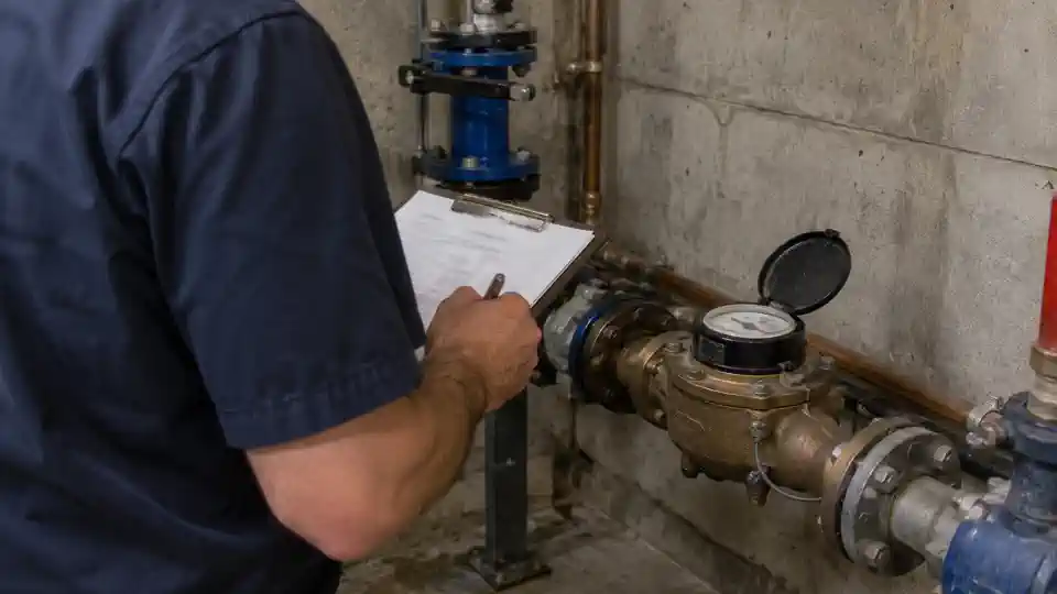 Tech testing a building meter during commercial leak detection Spanish Fork visit