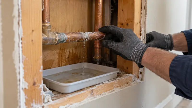 Mineral-stained copper pinhole leak before repair
