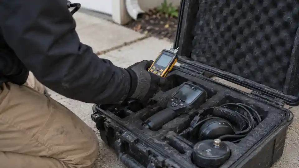 Technician with acoustic listening gear and thermal camera for leak detection services in Spanish Fork UT