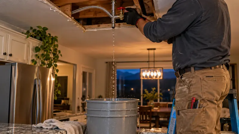 Urgent kitchen ceiling supply leak before detection