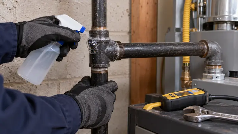 Soap bubbles identifying a leaking gas fitting