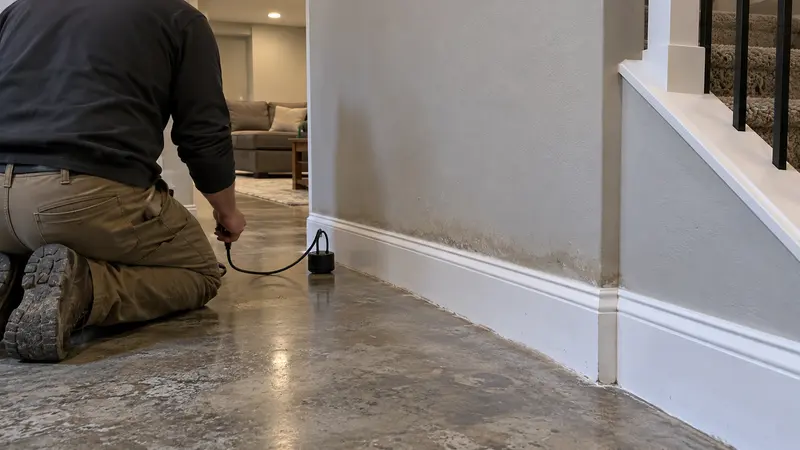Subtle basement wall moisture before hidden leak detection