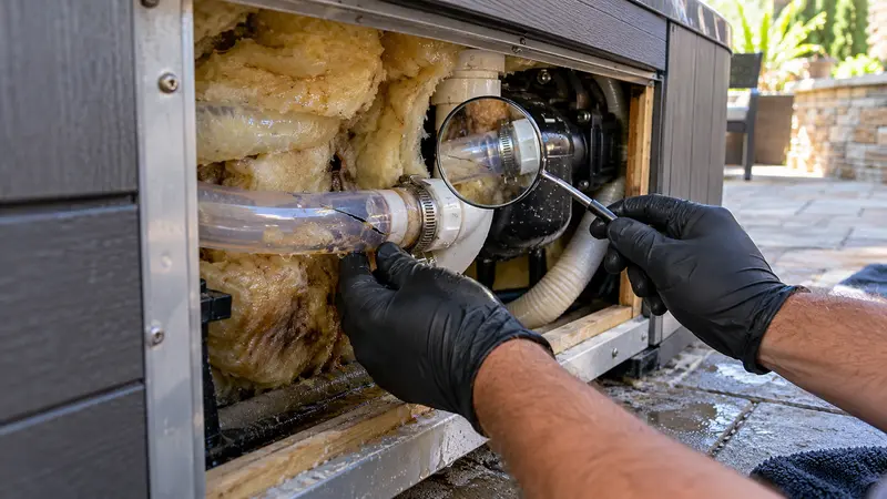 Cracked spa hose connection before a second leak inspection