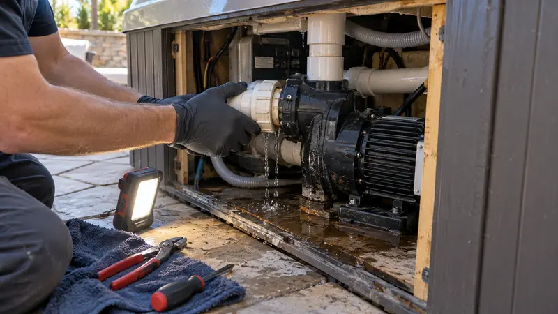 Wet hot tub cabinet before pump union detection
