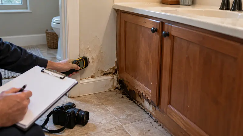 Vanity water damage before insurance leak documentation