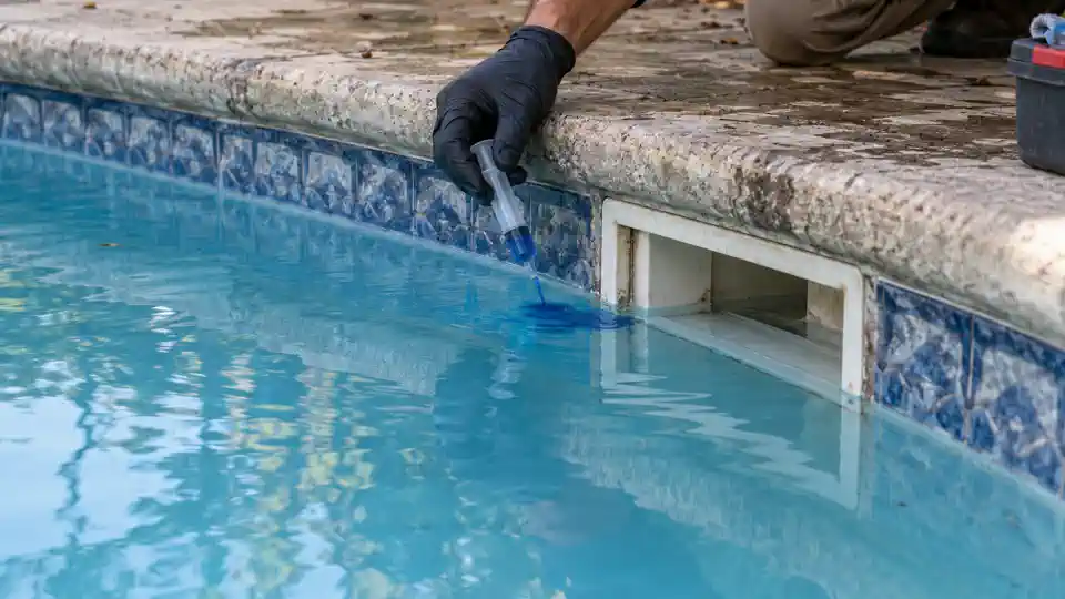 Dye test at a skimmer during pool leak detection Spanish Fork UT visit
