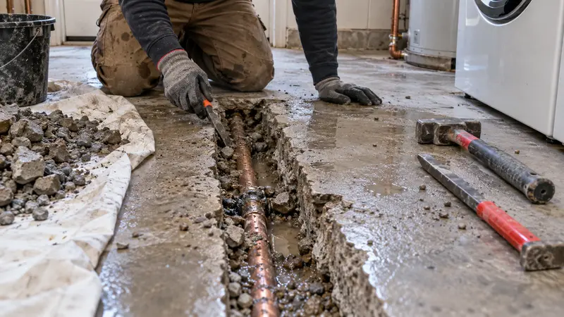 Failed laundry-room slab line before a second repair