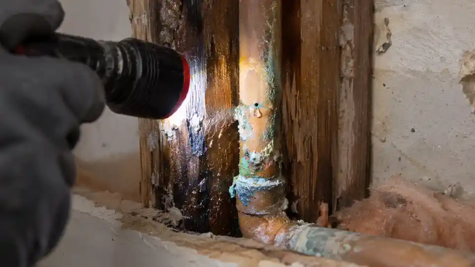 Green crust on copper pipe found during copper pinhole leak detection Utah County visit