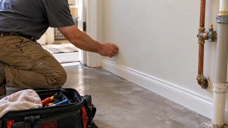 Dry repaired wall and reset baseboard after targeted water leak repair